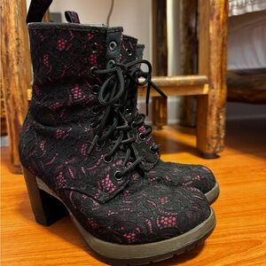 Dr. Martens Black and Pink Lace-Up Heeled Boots